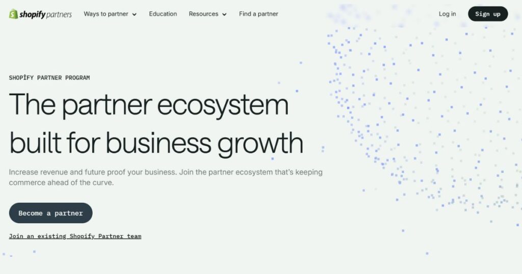 Shopify Partners Program, representing the platform's collaboration and support for developers, designers, marketers, and entrepreneurs in building and growing businesses on Shopify.